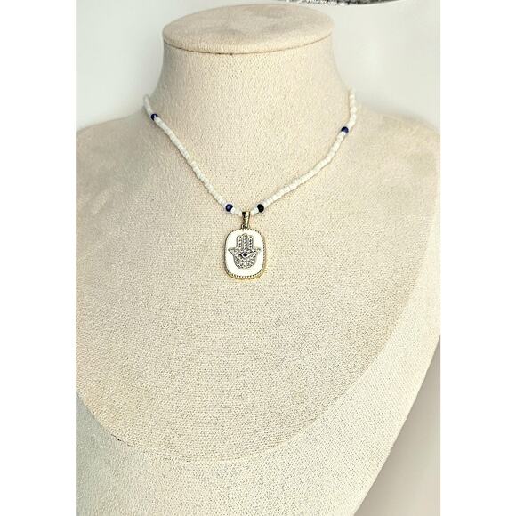 Handmade White Hamsa Necklace Pendant CZ Pave Bead Adjustable Gold Plated Chain - Picture 2 of 5